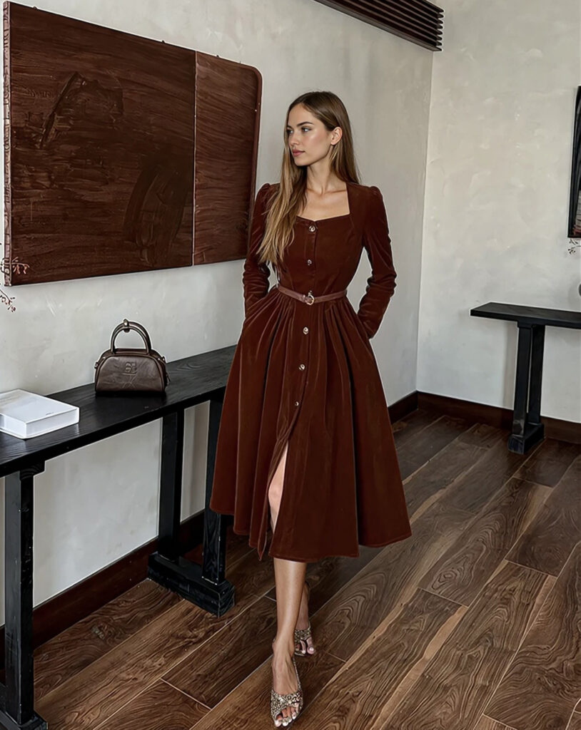 Robe La Bourgeoise- Robe en velours côtelé, mi-longue boutonnée, évasé, allure très structurée