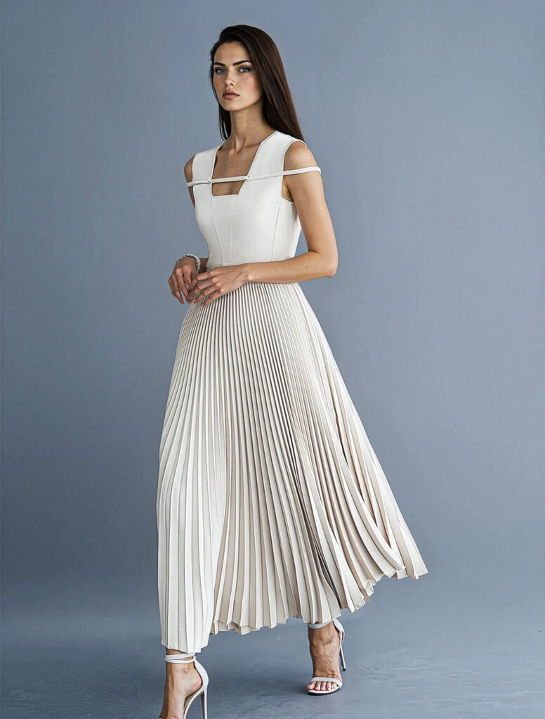 Robe Athèna- Robe mi-longue plissé, coupe noble esprit couture, bust structuré