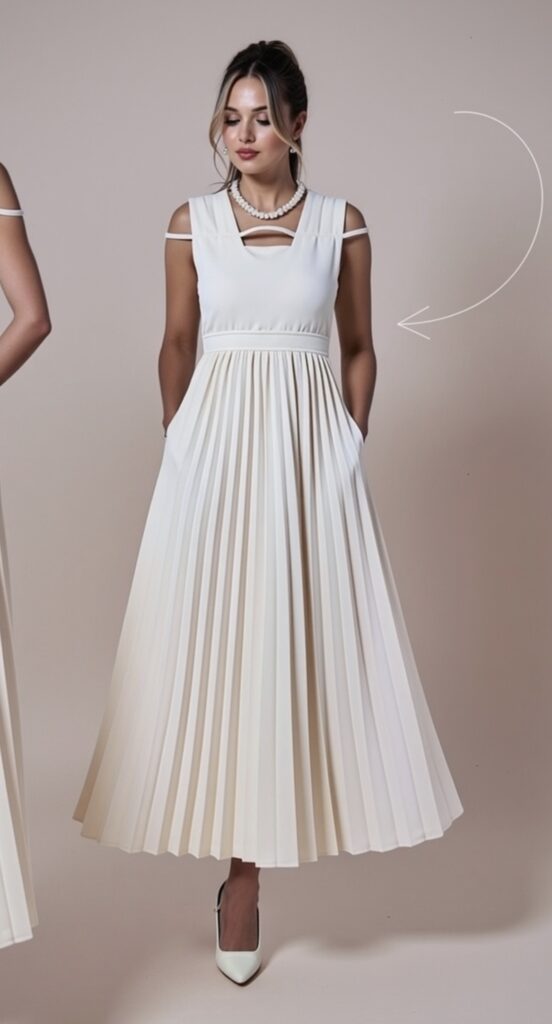 Robe Athèna- Robe mi-longue plissé, coupe noble esprit couture, bust structuré