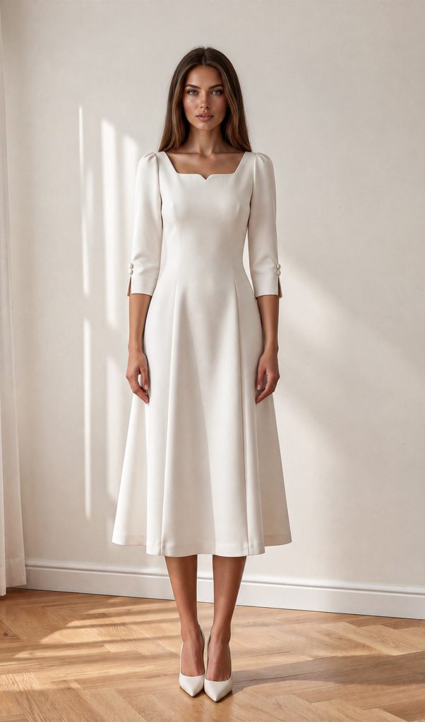 Robe First-Lady- Robe mi-longue structurée et évasée, col carré élégant, épaules marquées et manches trois-quarts à boutons