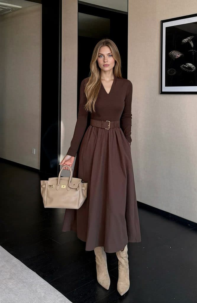 Robe Mondaine- Robe mi-longue à col V, bas ample et évasé, avec ceinture incluse